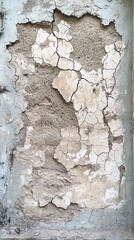 The weathered surface of an old wall displays a striking array of cracked plaster and peeling paint, telling a story of age and neglect in a forgotten corner of the city