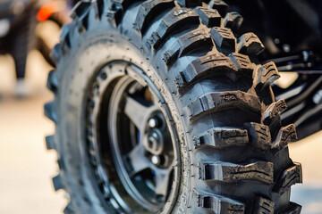 Fototapeta premium Close-up of rugged tire on off-road vehicle at exhibition