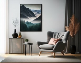 a living room with a chair and a painting