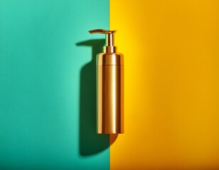 metallic gold pump bottle on bright teal and yellow background