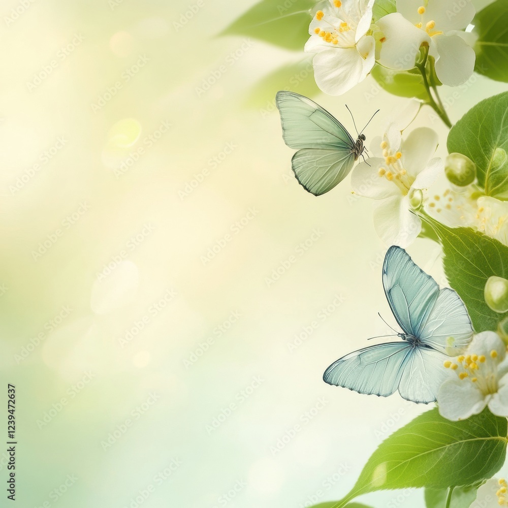 Poster beautiful butterflies resting on delicate flowers in a serene garden setting during springtime. gene