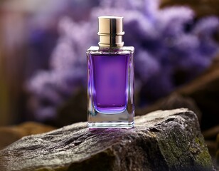 transparent bottle with purple perfume on rock showcasing luxury perfumes and cosmetics