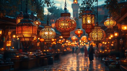 Fototapeta premium Vibrant Market Scene Illuminated by Ornate Lanterns, Casting Warm Light on Cobblestone Path and Silhouettes of People