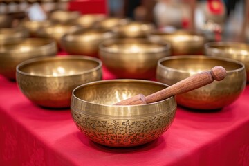 Numerous hammered Tibetan metal singing bowls with wooden mallets on a red display table