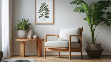  Grey Armchair Beside a Wooden Table in a Stylish Living Room with Plant and Poster