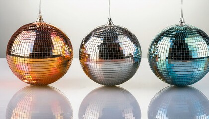 shiny disco balls with colorful reflections party decoration white background