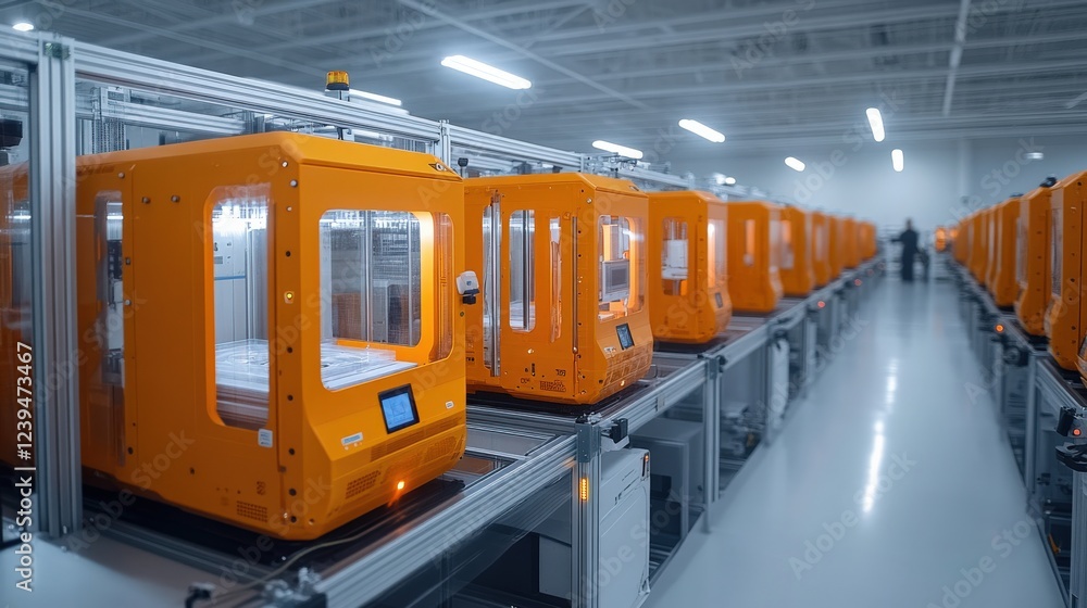 Poster modern factory with multiple orange 3d printers in operation, showcasing advanced technology and aut
