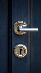 Obraz premium Metal door handle and keyhole on a textured door panel, ready for a security ad
