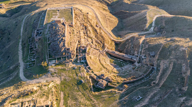 Aerial View of Ancient Archaeological Site of Augusta Bilbilis in northern Spain on Hillside