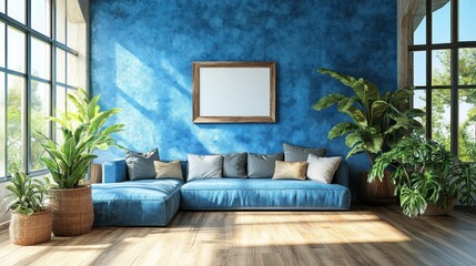Blue room mockup, sunlight, plants, sofa, interior design