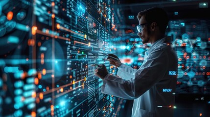 Scientist interpreting big data from multiple sources, with a digital dashboard