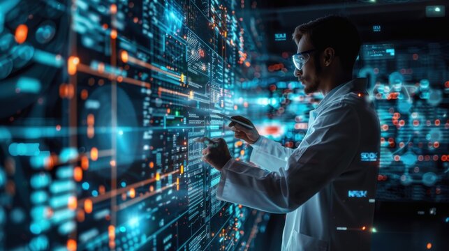 Scientist interpreting big data from multiple sources, with a digital dashboard