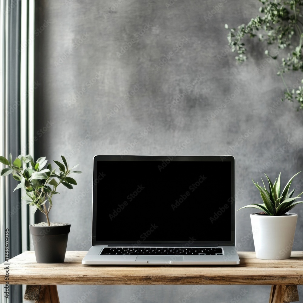 Poster workspace setup featuring a laptop surrounded by decorative plants in a modern interior. generative 
