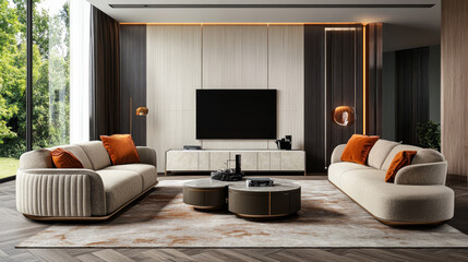 Modern Living Room with Parquet Flooring and Stylish Furniture