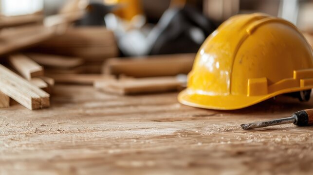 Carpenter's workshop hard hat, tools, wood