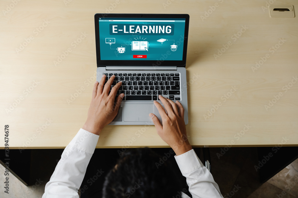 Poster e-learning website with modish sofware for student to study online on the internet network
