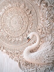 Intricate wall art featuring a textured swan surrounded by floral patterns in neutral tones.