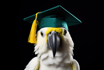 Graduation themed parrot wearing green cap with tassel, showcasing playful and humorous expression. Perfect for celebrating achievements and milestones
