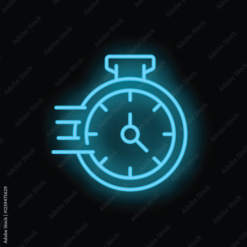Poster neon blue clock is showing time moving fast with speed lines on black background