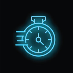 Neon blue clock is showing time moving fast with speed lines on black background