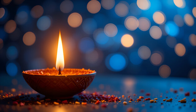 "Glowing Diya with Bokeh Lights – Festive Warmth" copy space  Hindu festival of lights. Pongal, Ugadi, puja,  Gudi Padwa,  invitation card