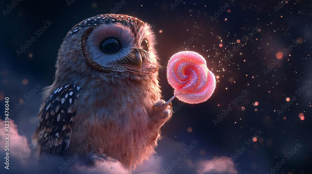 Poster curious owl holding a whimsical candy floss swirl with sparkles floating around on a dark, starry sk