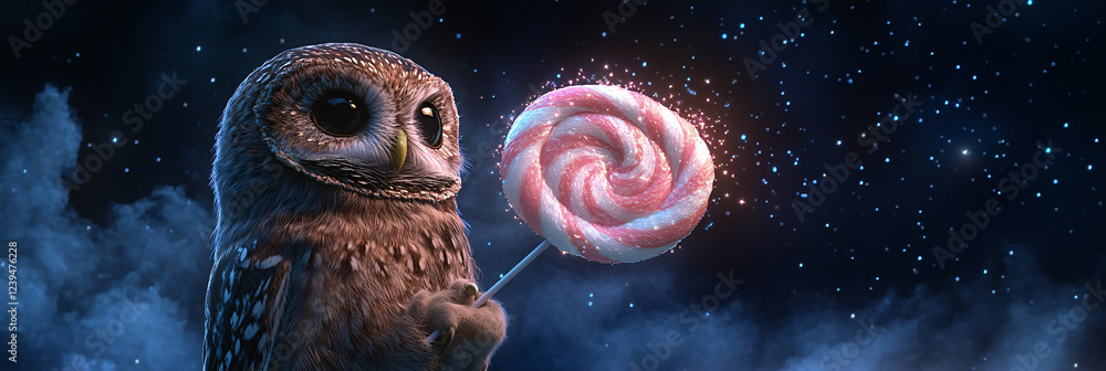 Poster curious owl holding a whimsical candy floss swirl with sparkles floating around on a dark, starry sk