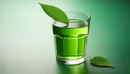 a glass of green liquid with a leaf in it