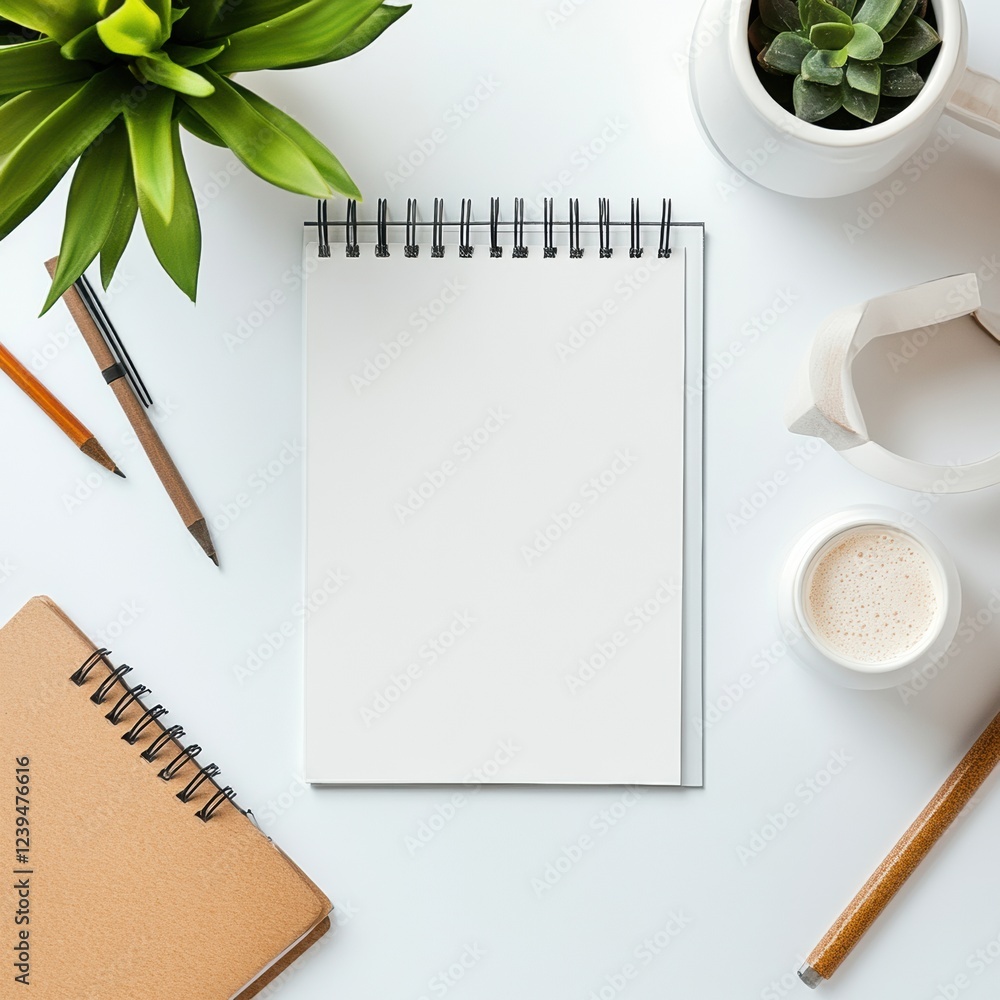 Leinwandbilder blank notepad on a workspace with stationery and plants for creative writing and idea generation. ge