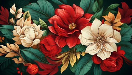 colorful floral pattern featuring vibrant red and cream flowers with green leaves against a dark background