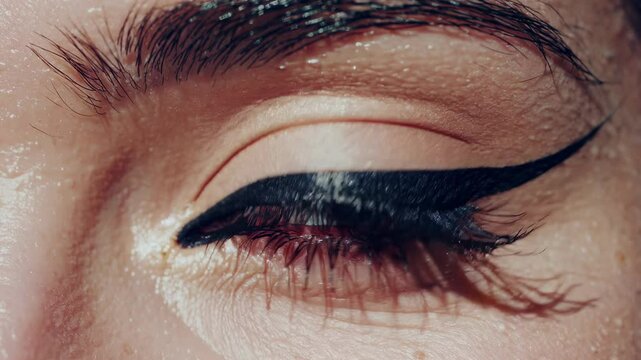 Caucasian woman's striking blue eye with dramatic black winged eyeliner. Close-up beauty shot showing precise makeup application, long lashes, and defined brows. Modern cosmetic artistry