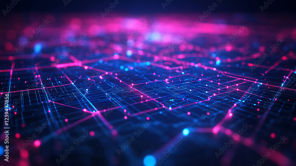 Poster detailed neon map grid with bright lines over a shadowy surface.