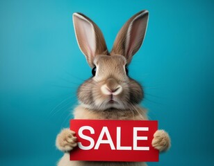adorable easter bunny holding a sign with sale text on a blue background