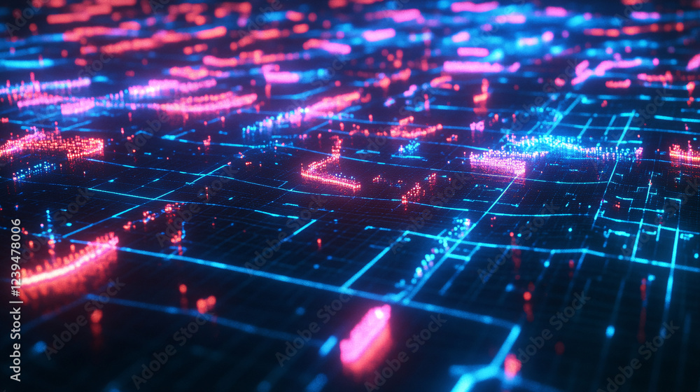 Poster detailed neon map grid with bright lines over a shadowy surface.