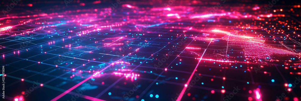 Poster detailed neon map grid with bright lines over a shadowy surface.