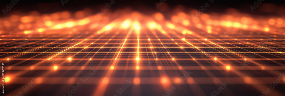 Poster detailed neon map grid with bright lines over a shadowy surface.