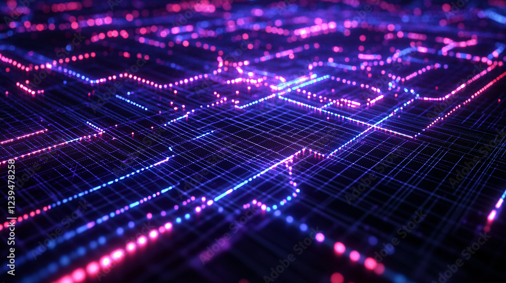 Poster detailed neon map grid with bright lines over a shadowy surface.