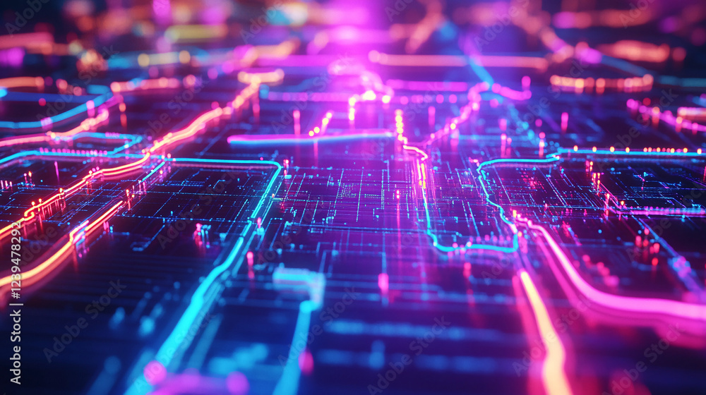 Poster detailed neon map grid with bright lines over a shadowy surface.
