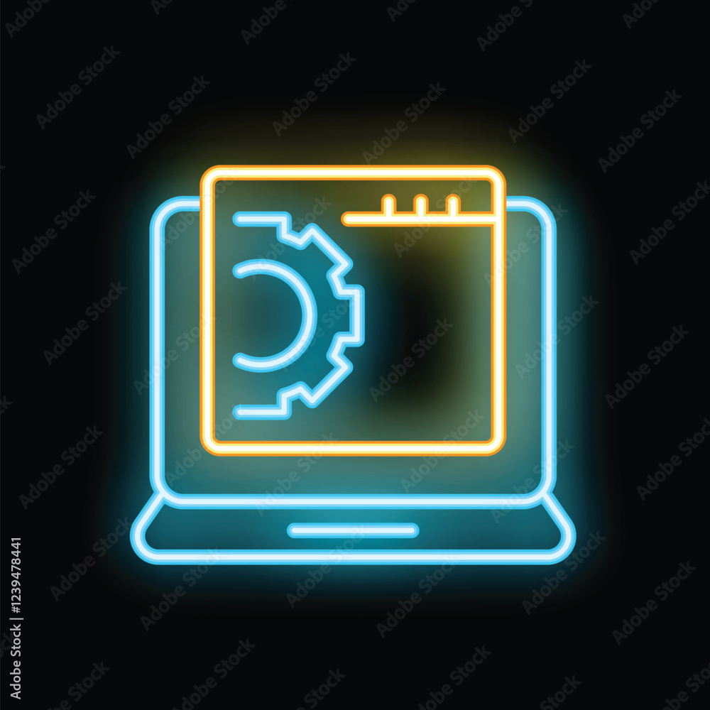 Poster neon laptop showing website development process with cogwheel icon on dark background