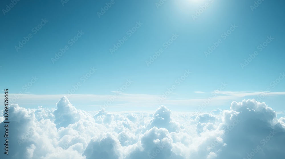 Poster bright blue sky with fluffy clouds floating under warm sunlight during midday. generative ai