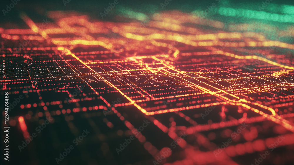 Poster detailed neon map grid with bright lines over a shadowy surface.