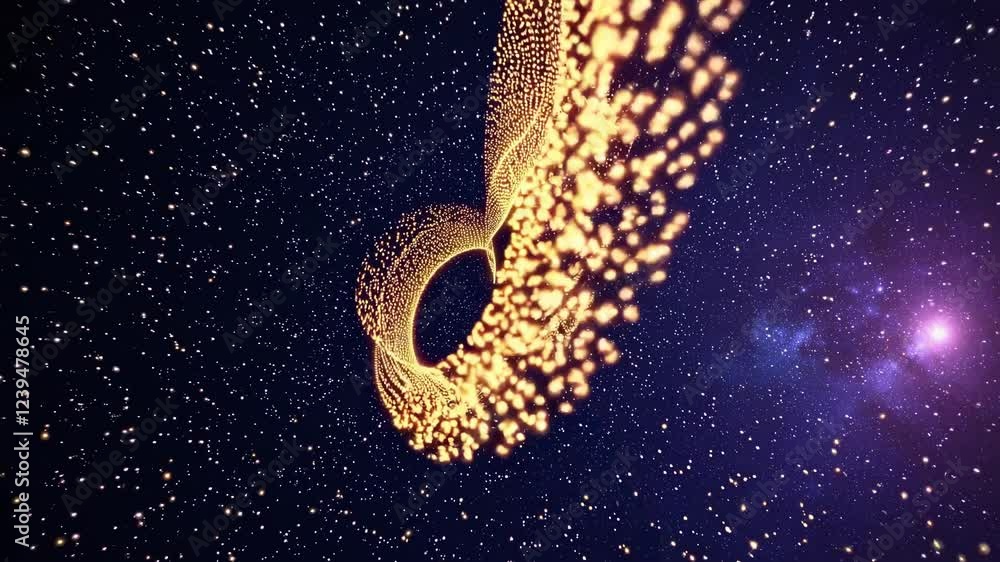 Poster magical spiral of golden particles in deep space. cosmic swirl of light creating mesmerizing pattern
