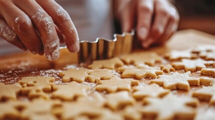 Baking cookies, close-up of cookie dough and cookie cutter, hands preparing in background
