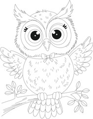 Kawaii Owl Line Draw  Coloring Page