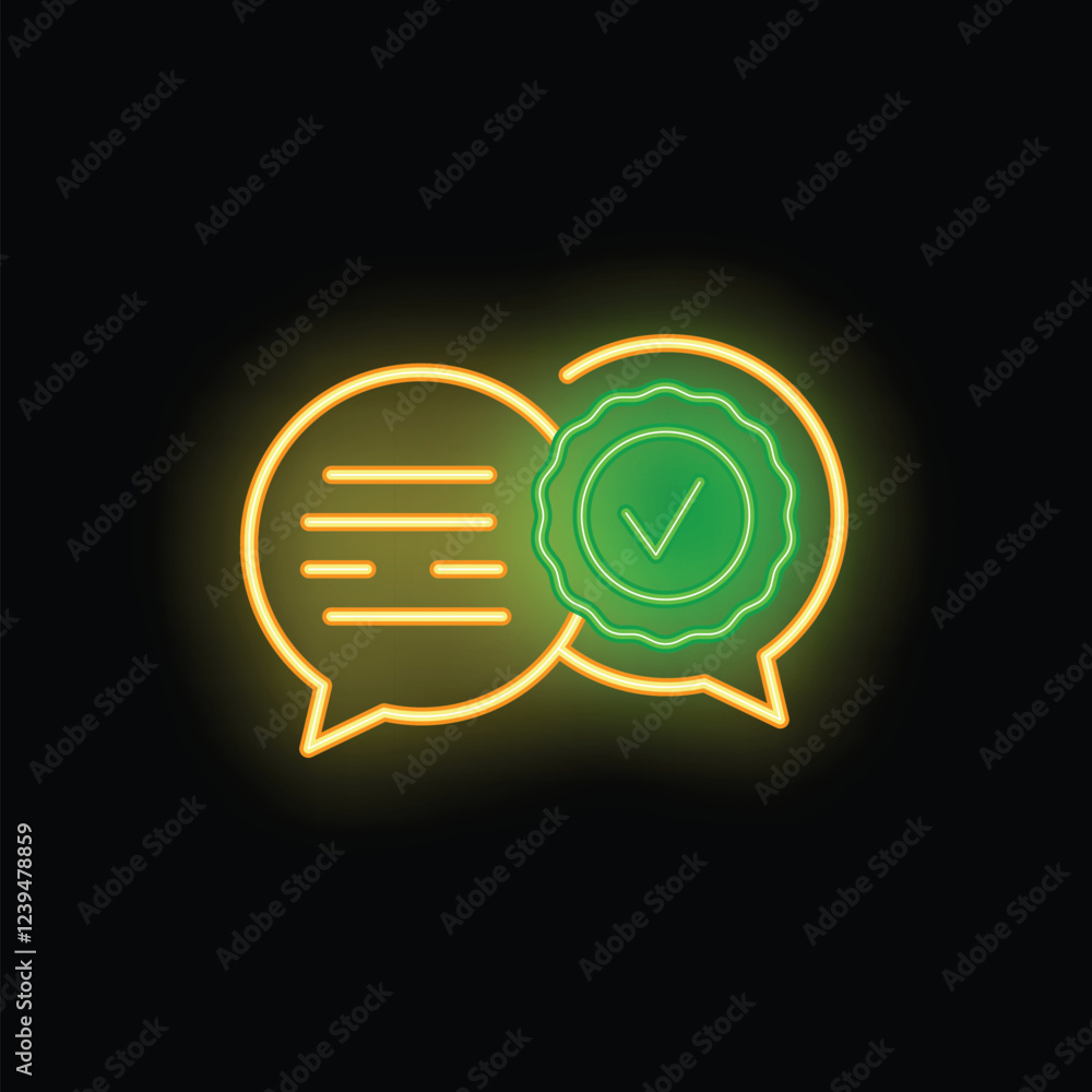 Poster neon icon of two speech bubbles with a check mark representing the validation of a message
