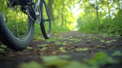 Naklejka premium Bicycle in city park, close-up of bike wheels spinning on a path, lush greenery