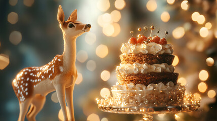 Elegant deer lifting a multi-layered dessert trifle in front of a shimmering garden lights background 