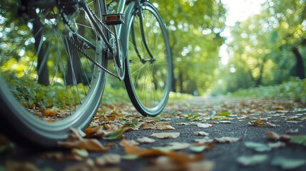 Bicycle in city park, close-up of bike wheels spinning on a path, lush greenery