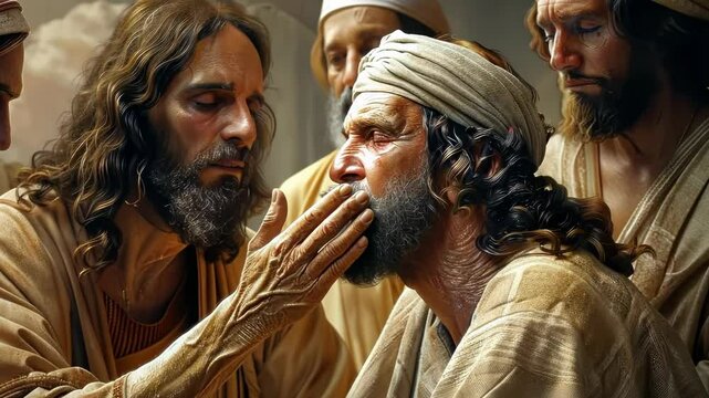 Blindness and sight: Jesus heals blind man, spiritual clarity, divine mercy, transformative healing, deeper understanding, truth revealed, sight beyond physical realm, profound journey of faith.