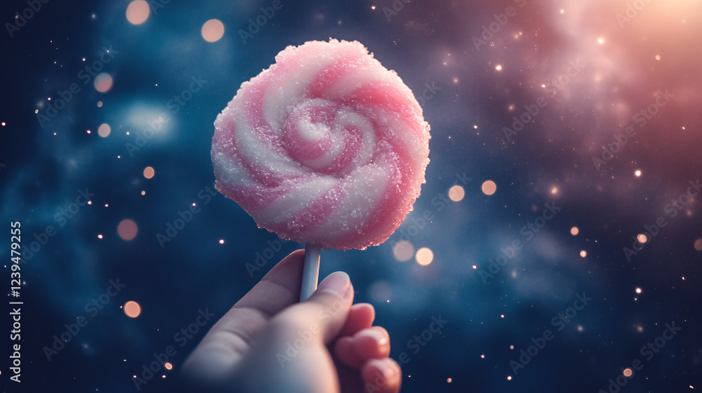 Poster fingers holding a whimsical candy floss swirl with sparkles floating around on a dark, starry sky ba